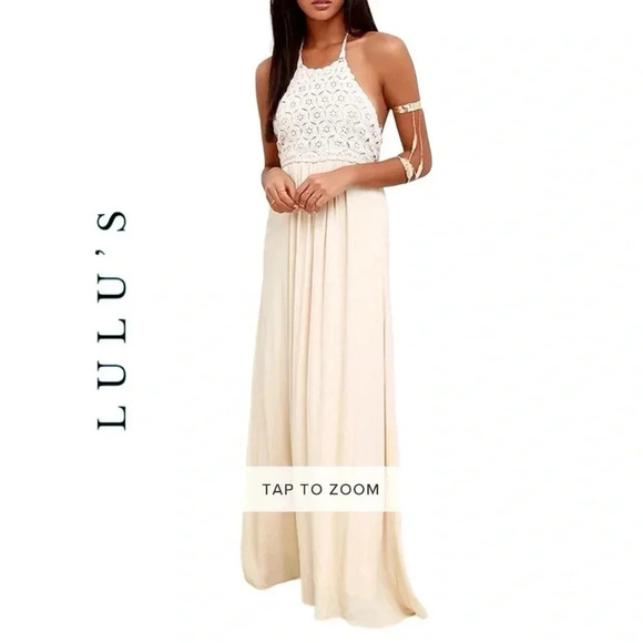 Lulus Dresses & Skirts - 1682. LULU’S BEYOND BEAUTIFUL BEIGE CROCHET MAXI LENGTH ‎ DRESS SIZE SMALL